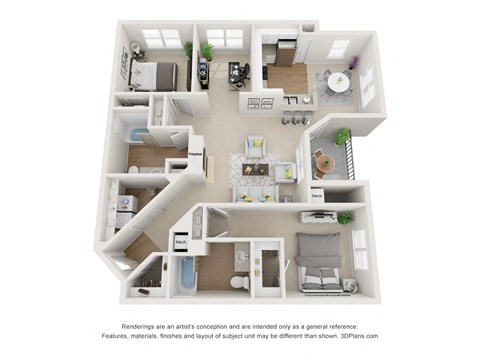 Floor plan for 2 beds, 2 baths, 1293 sqft